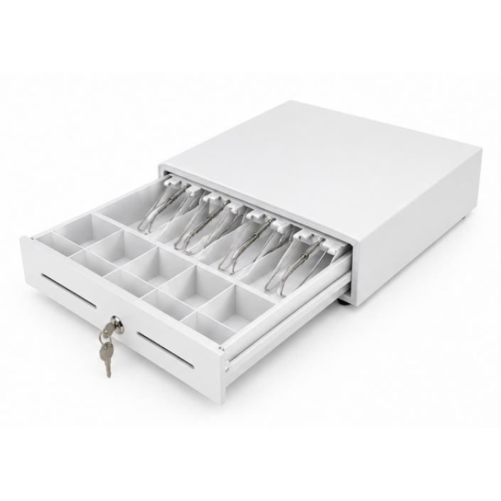 Sertar de bani Adpos HS360A-WHITE, 4B/8M, 6V, RJ11, alb (Șină Metalică)